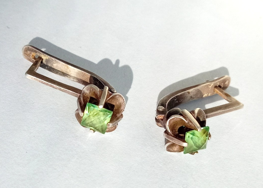 Vintage Earrings Green stones Sterling Silver 925 star USSR times Women Jewelry