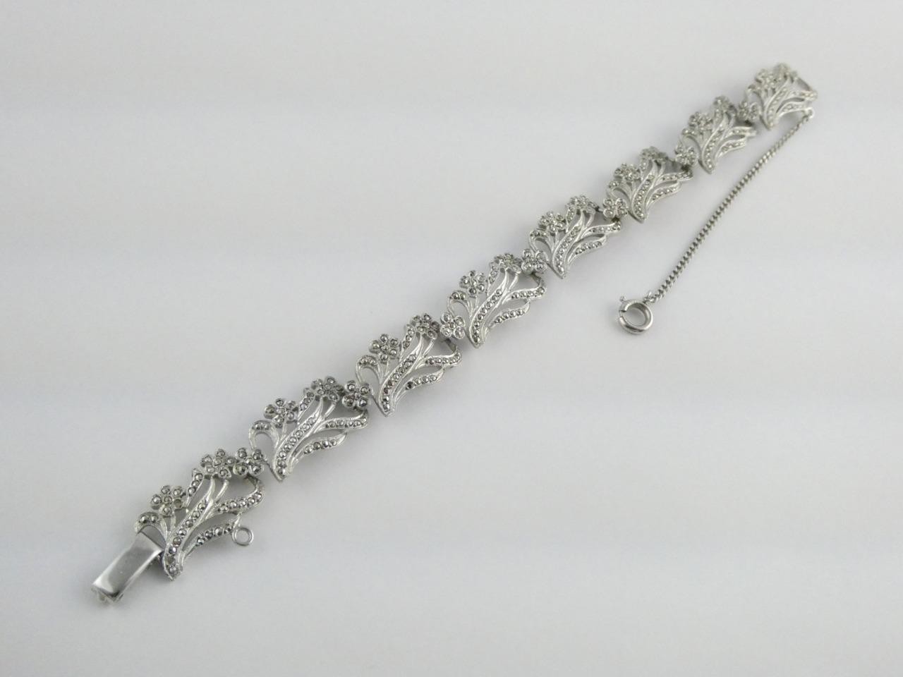 Vintage Deco Style Sterling Silver Marcasite Studded Bracelet 7.25 In GEMS MISS
