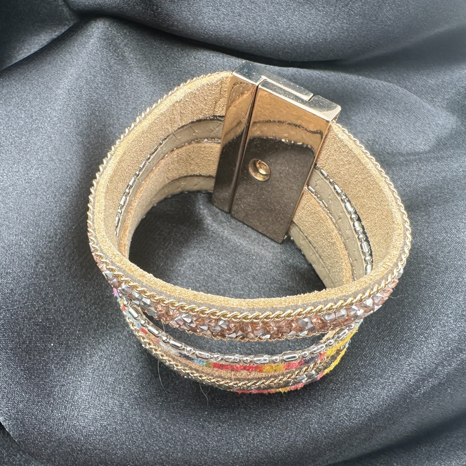 Vintage 90s Multi-Strand Wrap Bracelet Glass Fabric Statement Fashion Jewelry