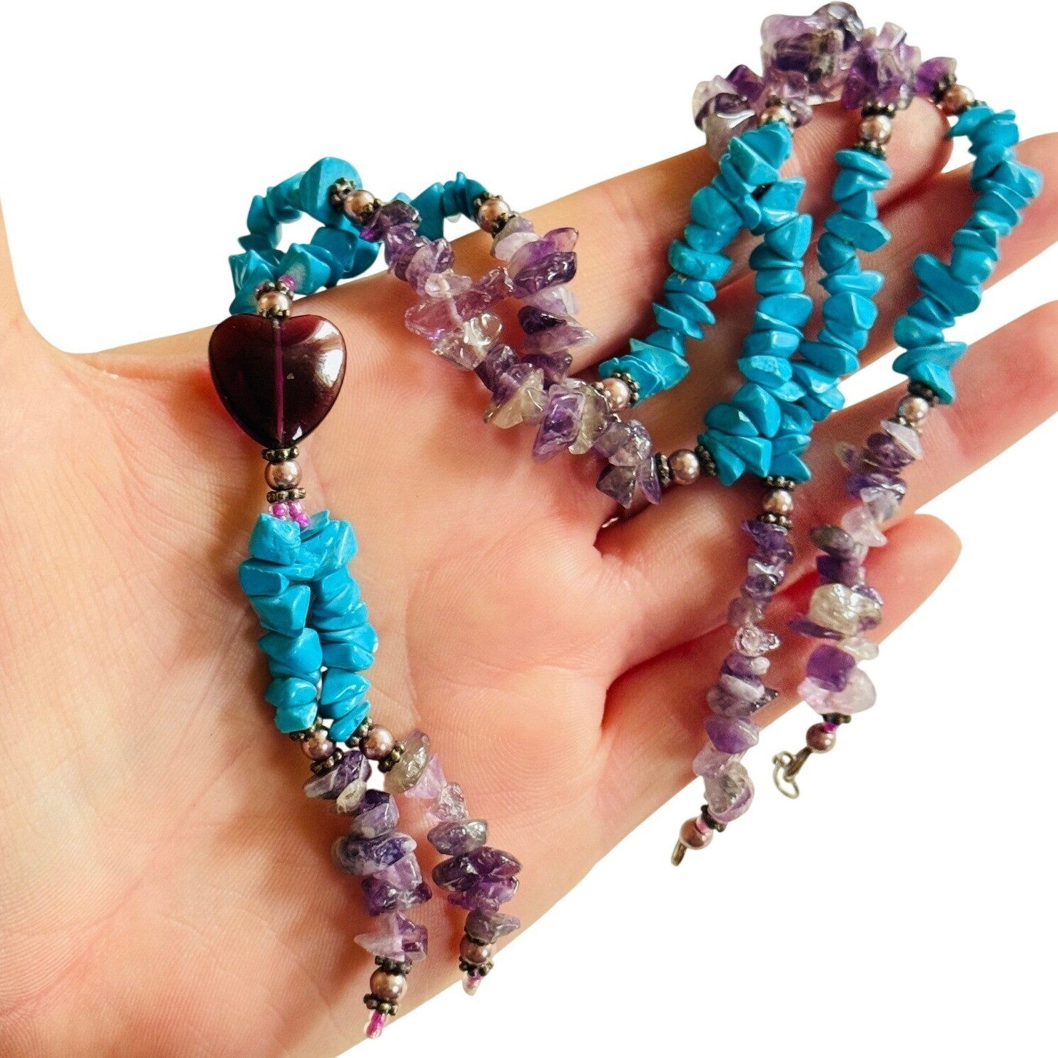 South Western Heart Boho Necklace VTG Blue Turquoise purple Amethyst Beads 21″
