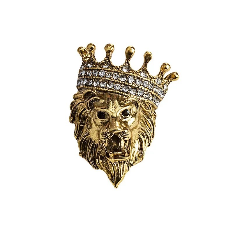 Vintage Animal Lion Head Brooch Crystal Crown Lapel Pin for Men and Women
