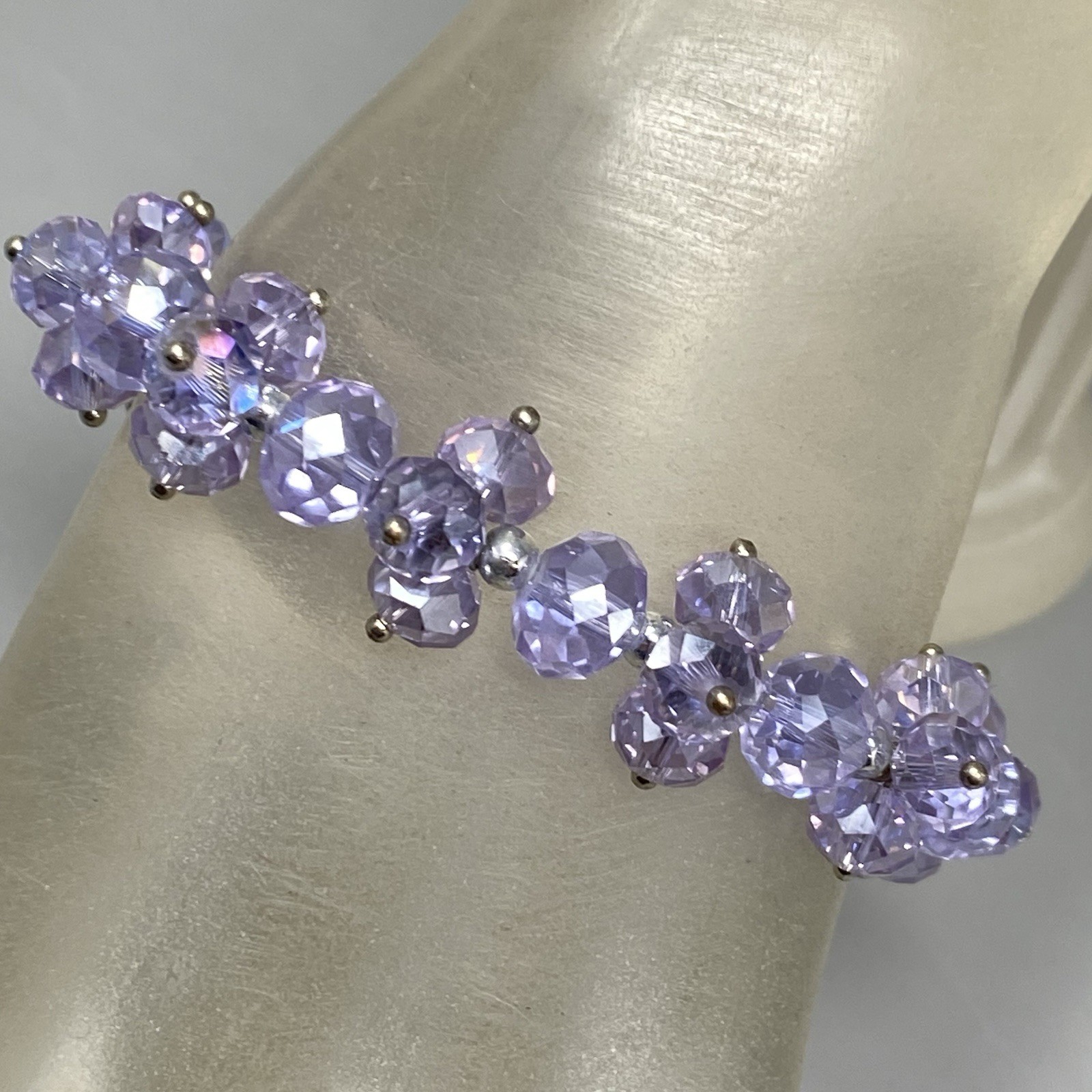 Purple Glass Bead Cluster Bracelet Stretch Fire Polished AB Coated Retro 6.75″