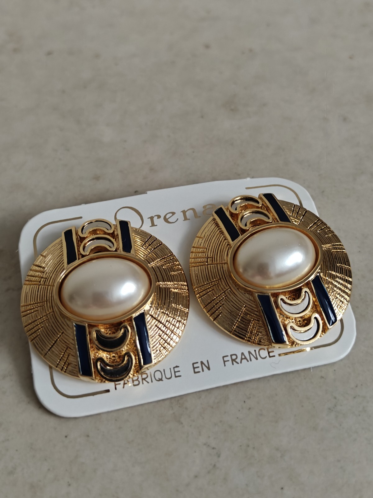 Vintage Orena Paris Faux Mabe Pearls Enamel Earrings Matte Yellow Gold New