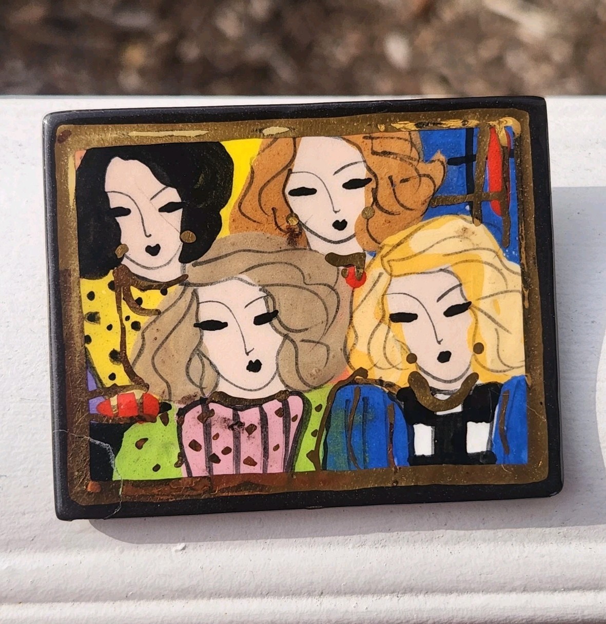 Laura Mostaghel Signed Hand Painted Folk Art Brooch Women Faces Portrait