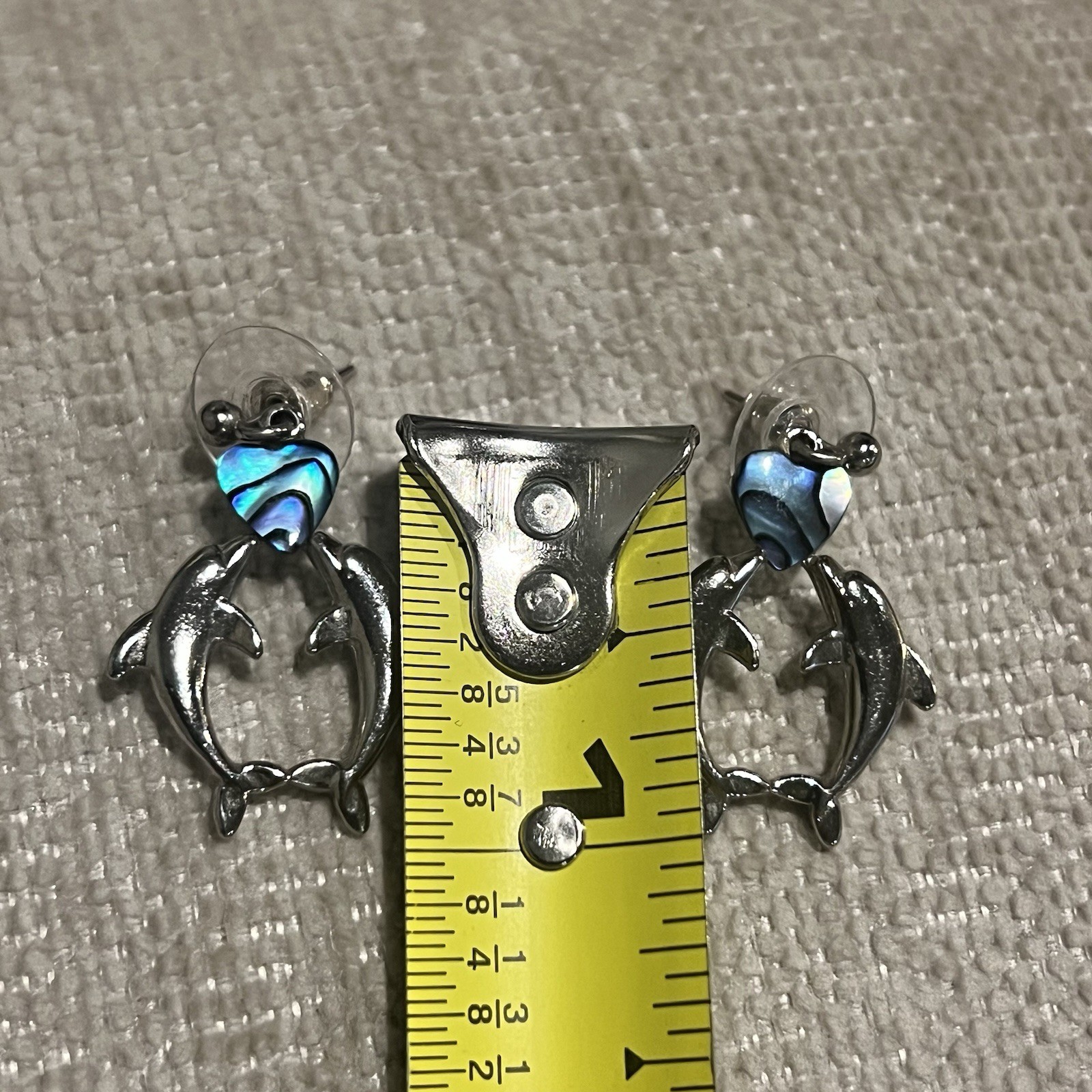 Vintage Weekenders Paua Shell Kissing Dolphins Heart Dangle Earrings Silver Tone