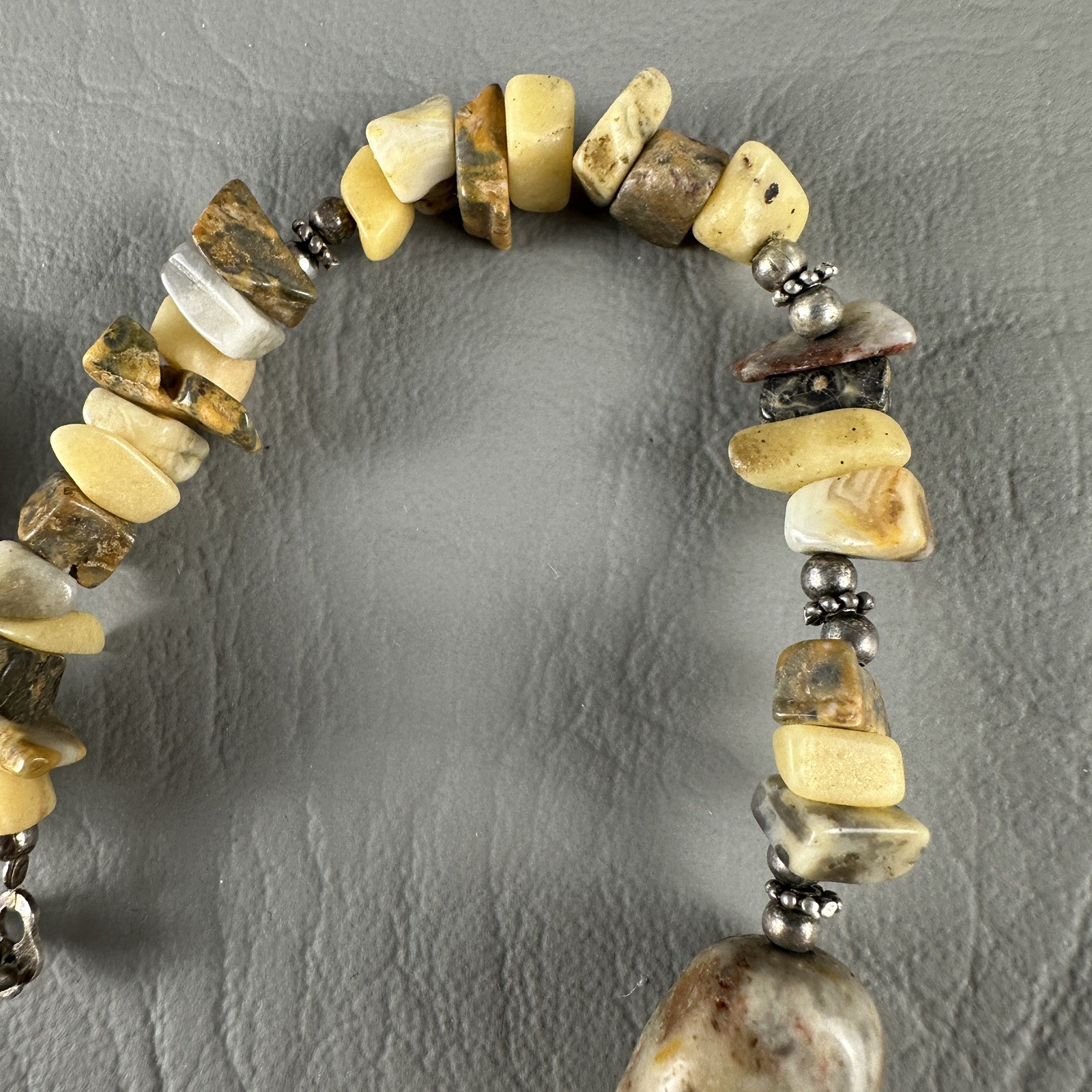 Vintage CW Sterling Silver Stone Bead Necklace Yellow Gray 16″