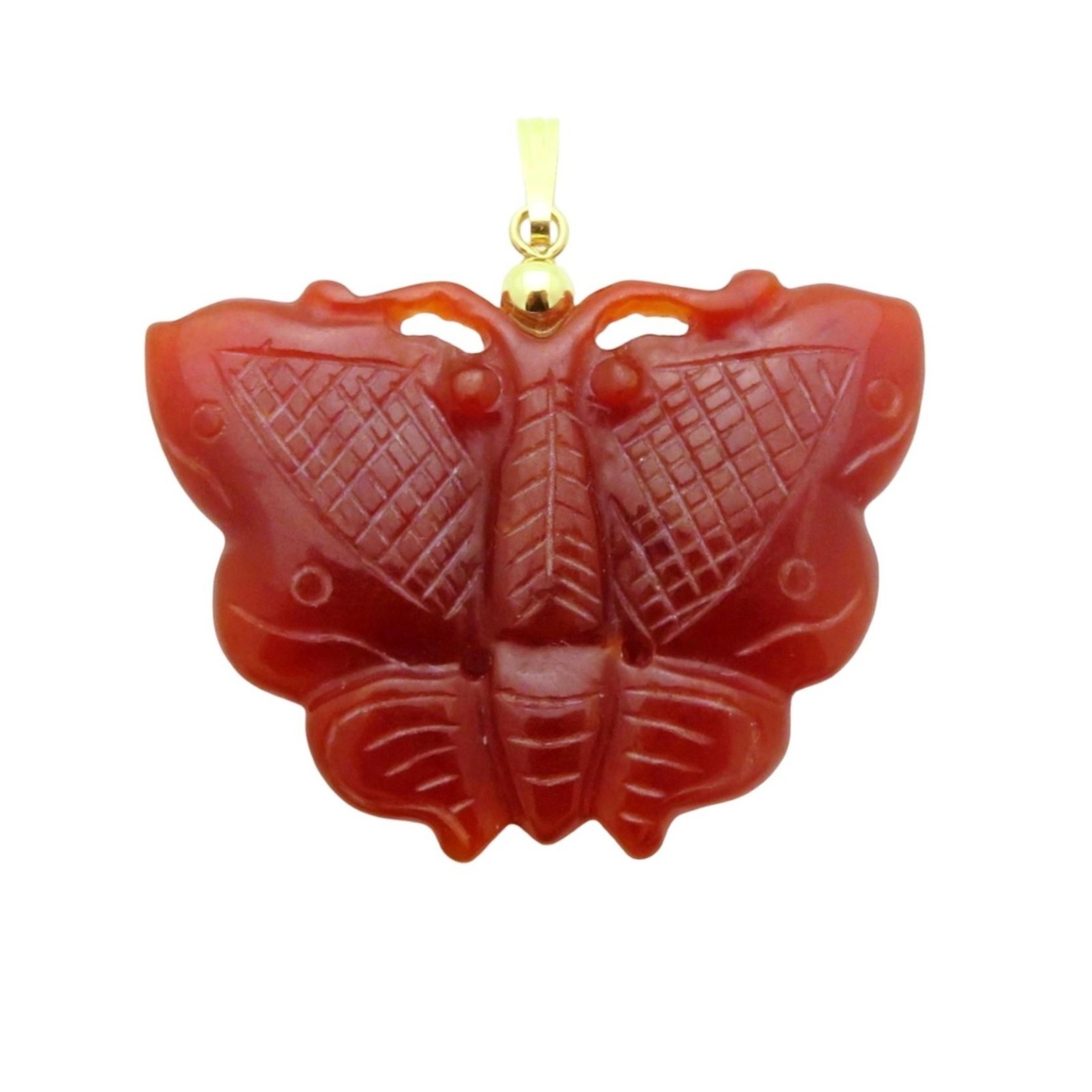 Vintage 14K Yellow Gold Natural Red Jadeite/Jade Carved Butterfly Pendant
