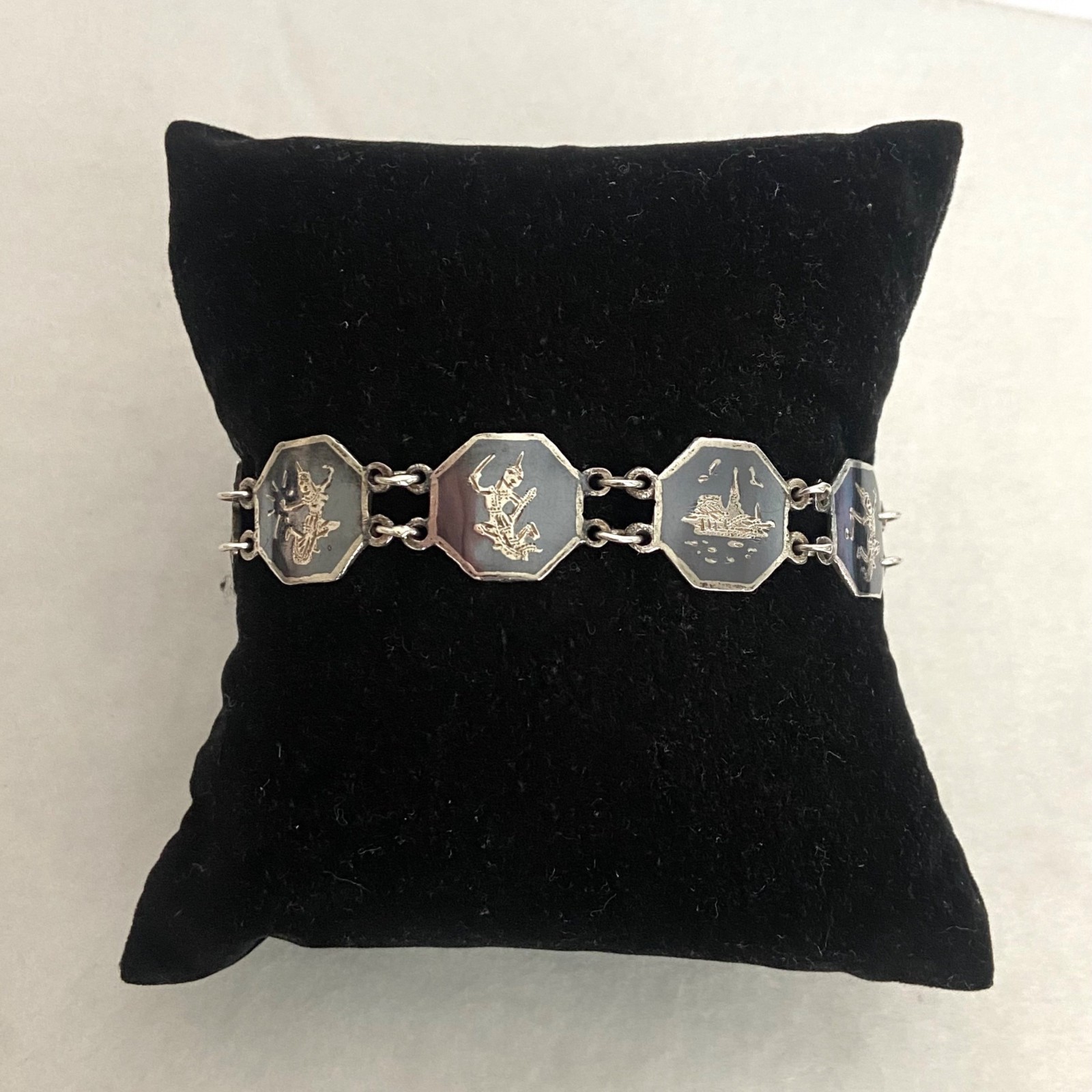 VTG Siam Sterling Silver 925 Niello Black Enamel Panel Bracelet 6.75″