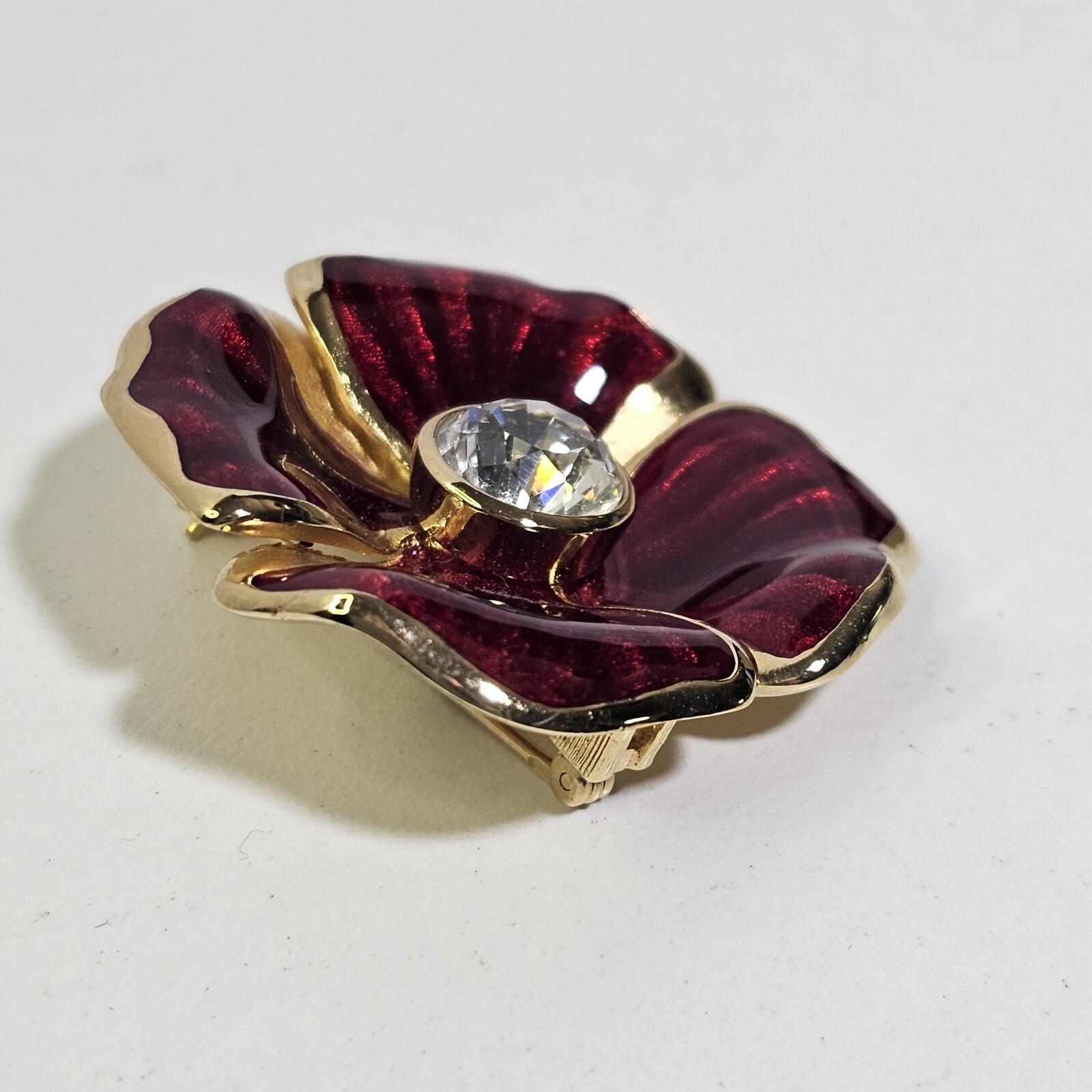 Rare Christian Dior Gold Tone Flower Brooch Pin Rhinestone & Redish Brown Enamel