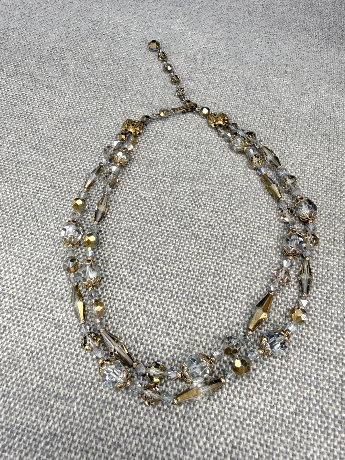 Vintage Necklace Faceted Crystal Gray Beads Gold Tone Accents Adjustable Length