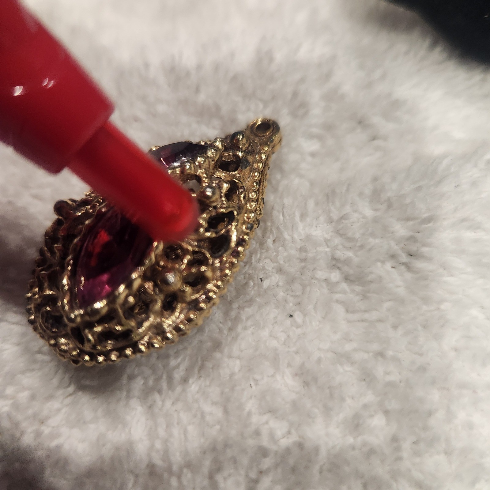 Vintage Gold Tone Filigree Teardrop Pendant Pink Purple Marquise Rhinestone