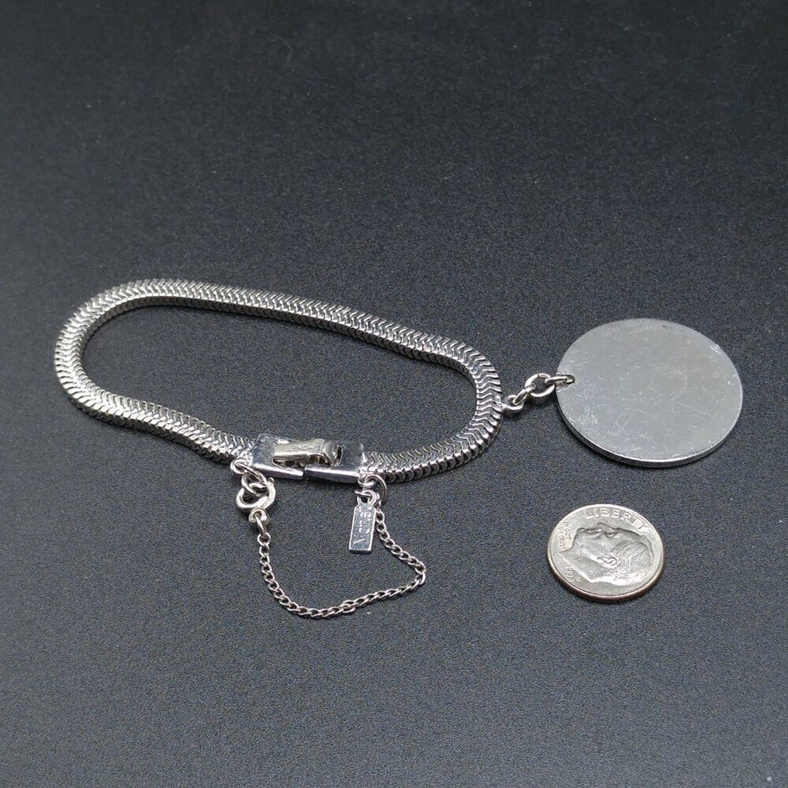 Vintage Monet Snake Chain Bracelet Engravable Disk Rhodium Sister Clasp