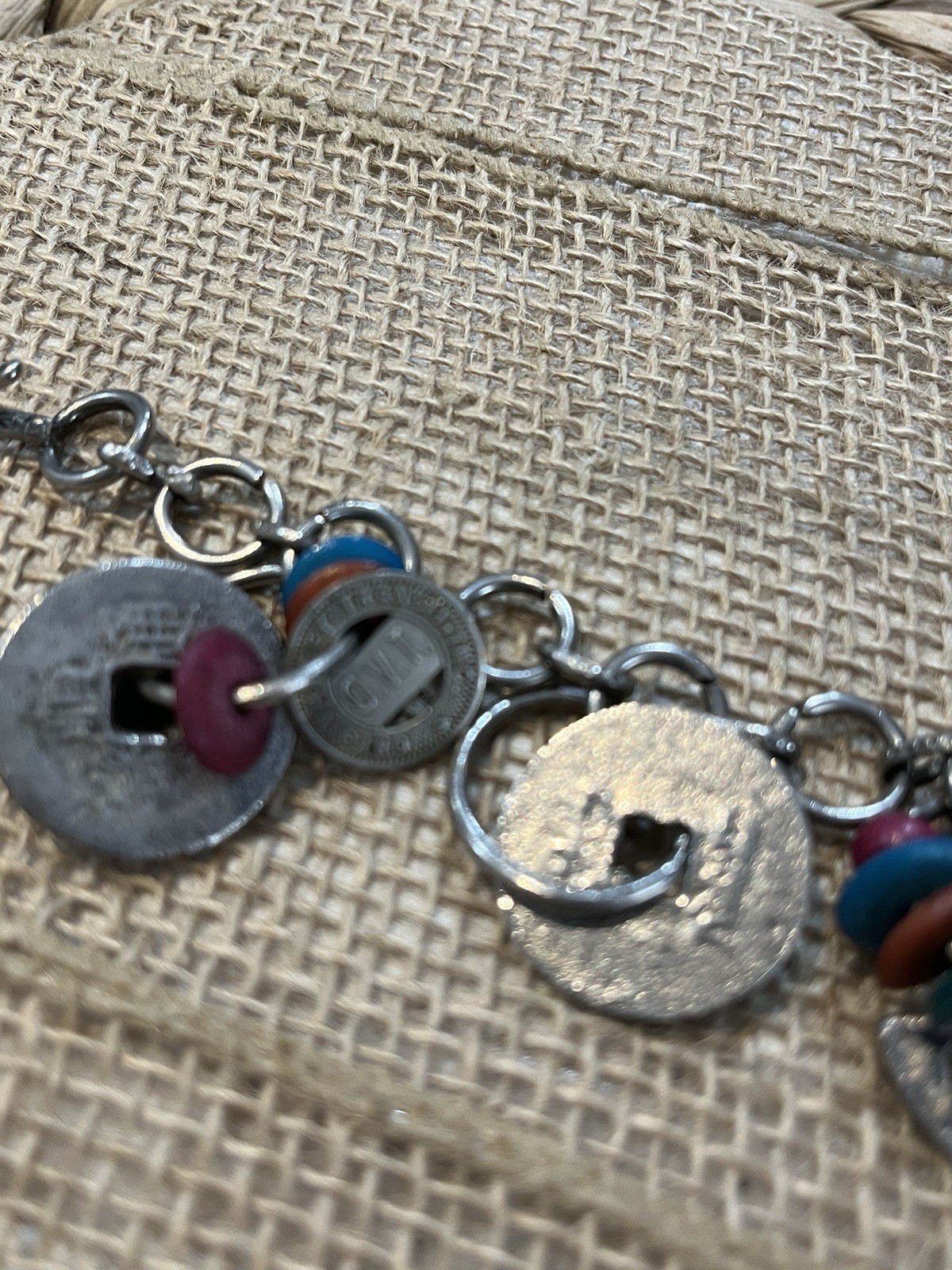 Vintage Artisan Crafted Coin Charm Bracelet Mixed Materials Estate Jewelry Boho