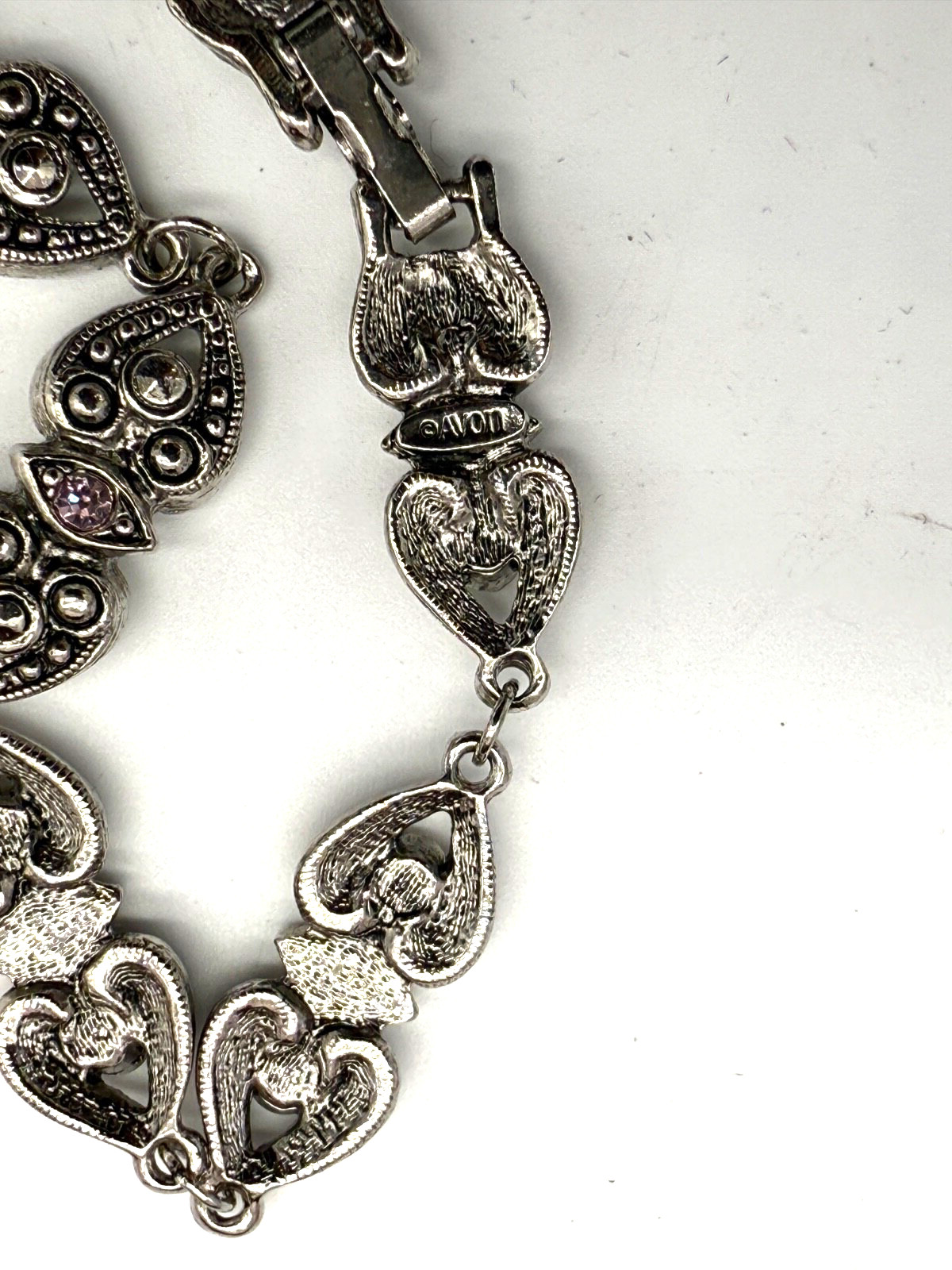Vintage Avon Silver Tone Heart Bracelet w/ Pink Rhinestones & Marcasites 7.25 IN