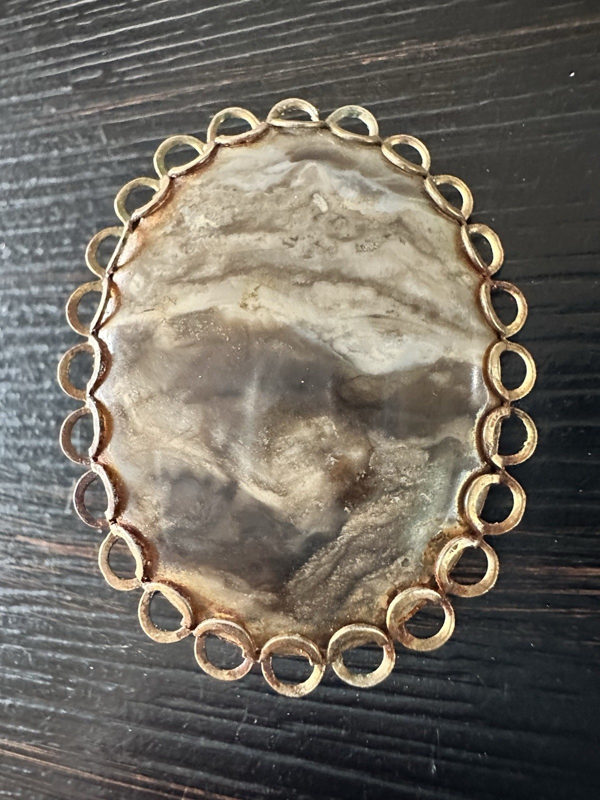 Vintage Oval Brown And White Marbled Polished Stone Cabachon Brooch VGC