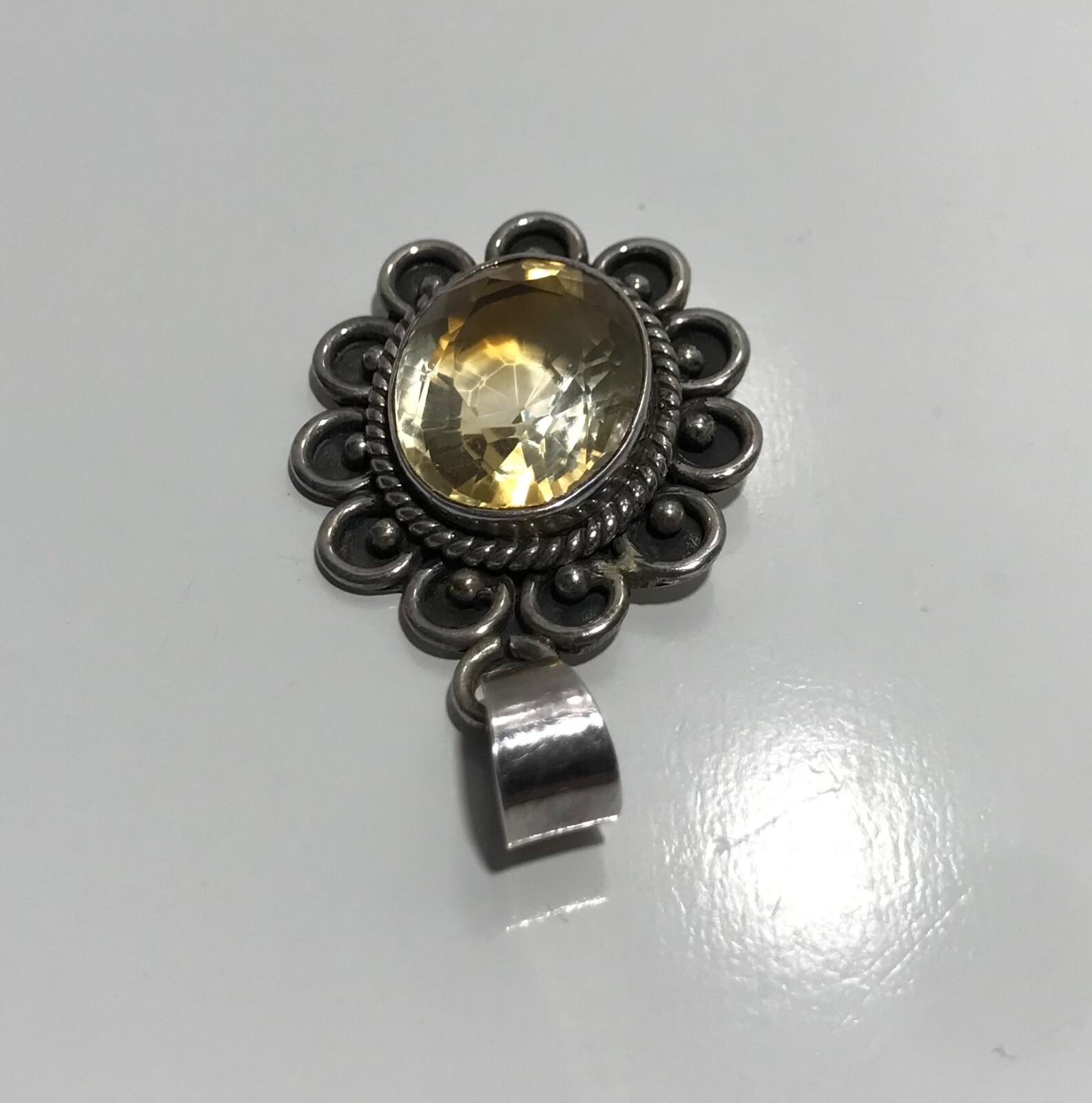 Vintage Sterling Silver 925 Lemon Quartz? Shadow Box Pendant