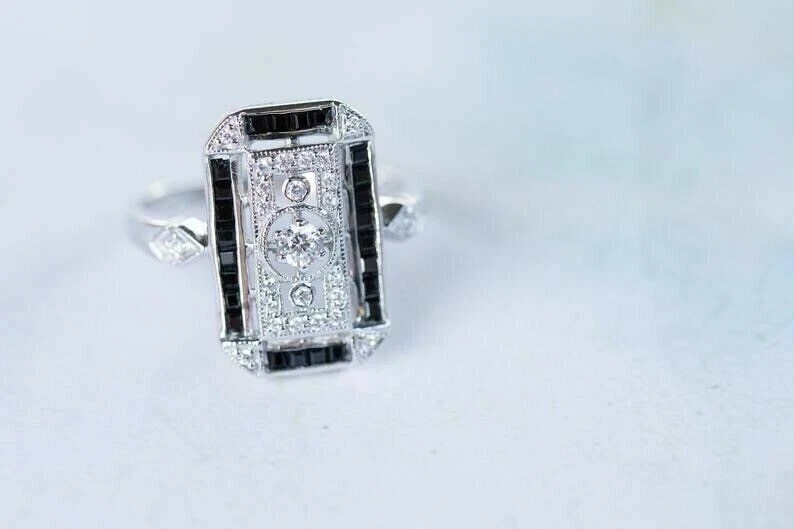1.80Ct Art Deco Style Lab Created Diamond & Onyx Wedding 14K White Gold FN Ring