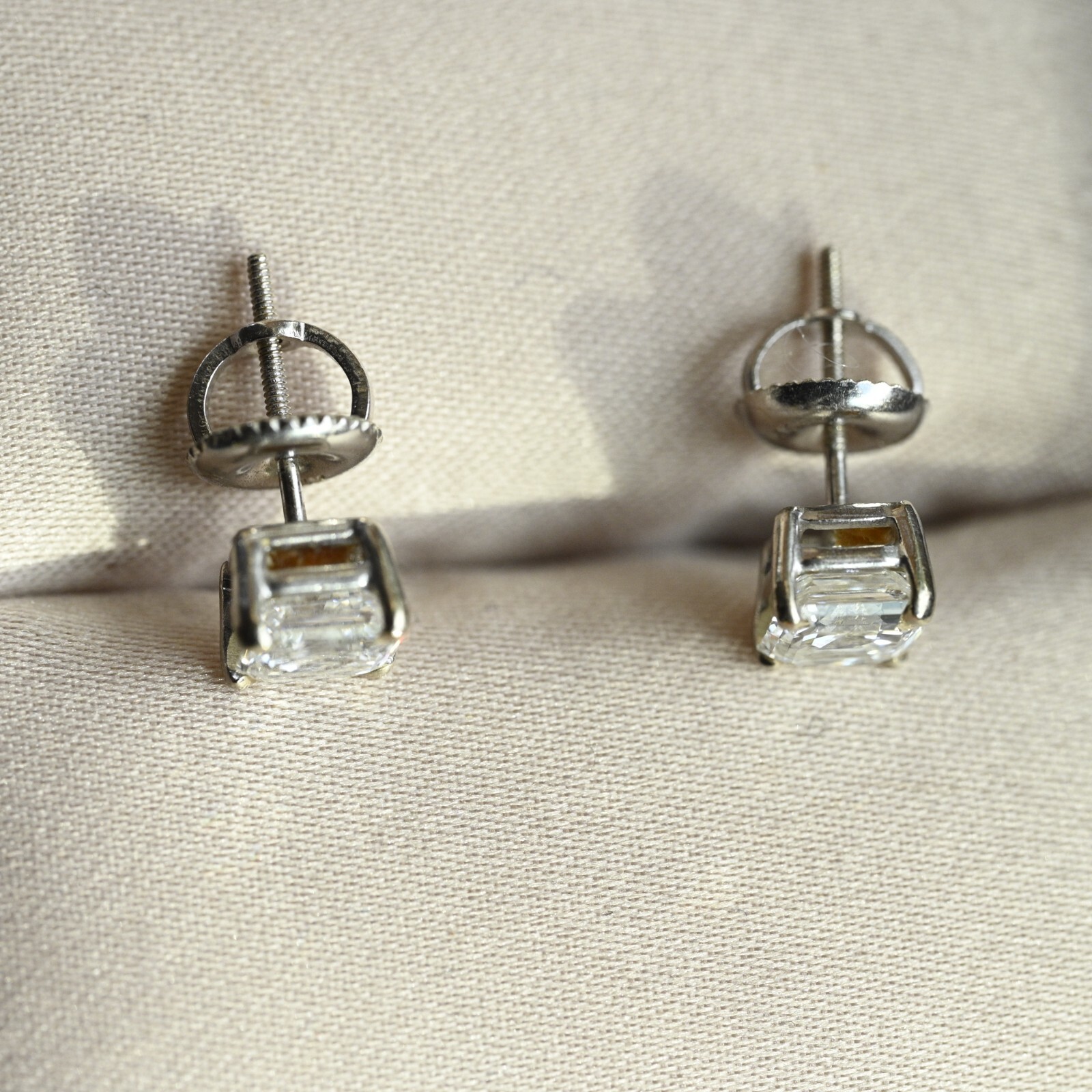 1.52 CTW Diamond Earrings Asscher VS1 E-F Excellent Cut 14k White Screw Stud