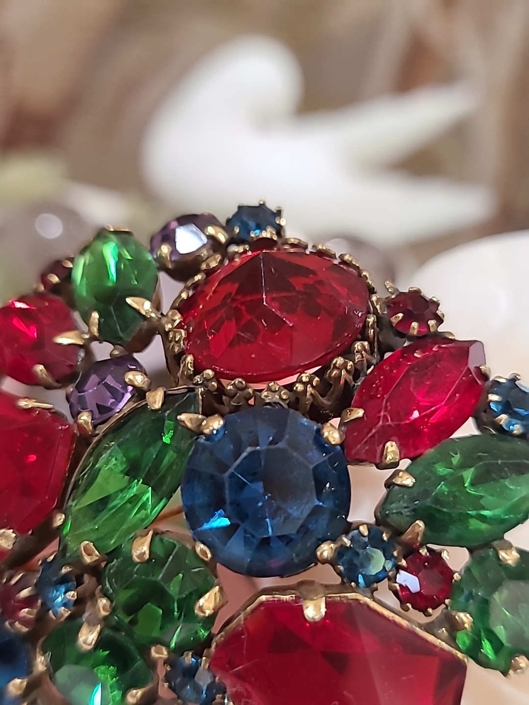 Vintage WEISS Green Red Multi Rhinestones Gold Tone Brooch Signed Estate Costume