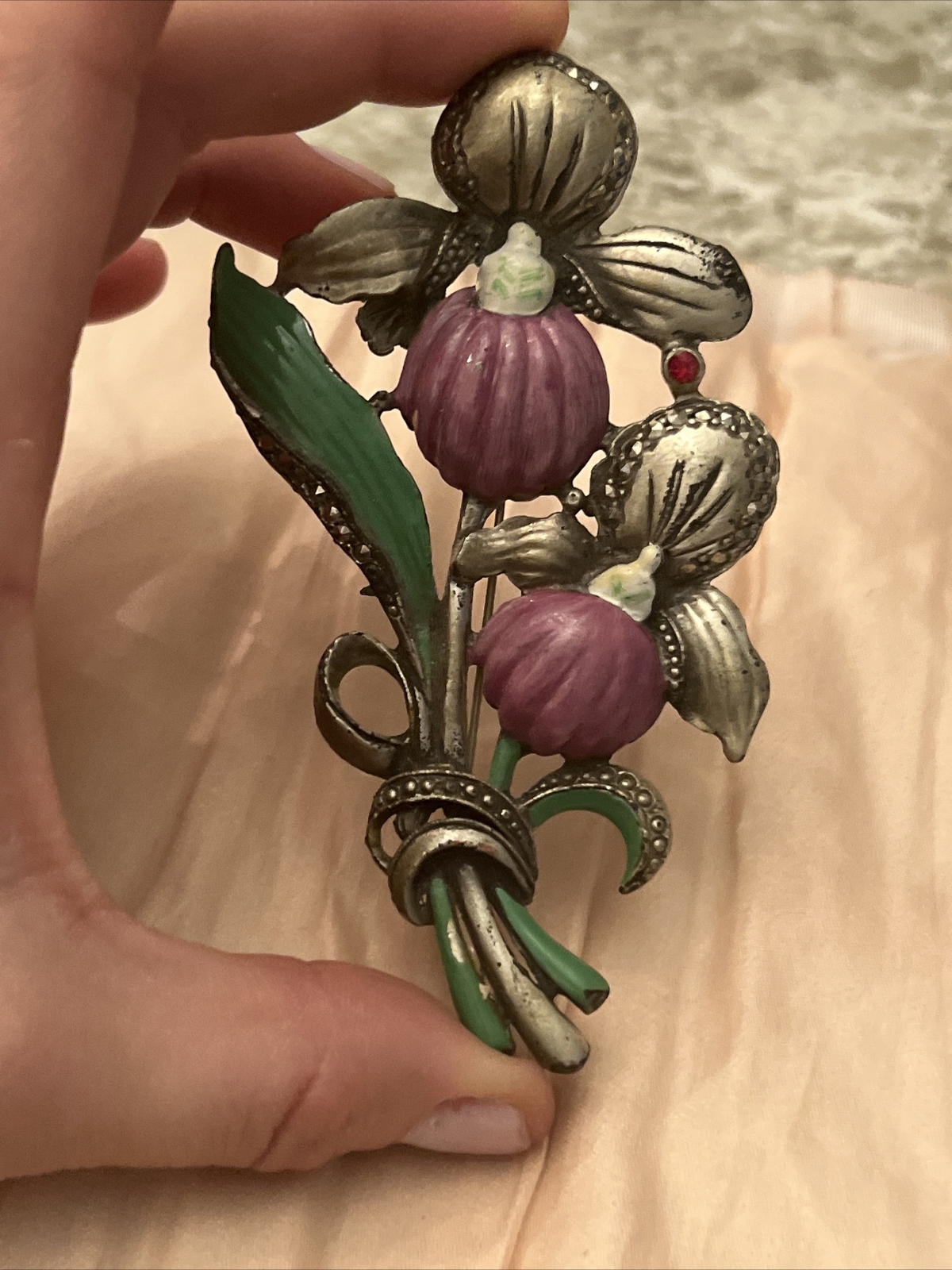 antique pin Flower Enamel Paint Rhinestone Marcasite Metal 4.25” brooch large