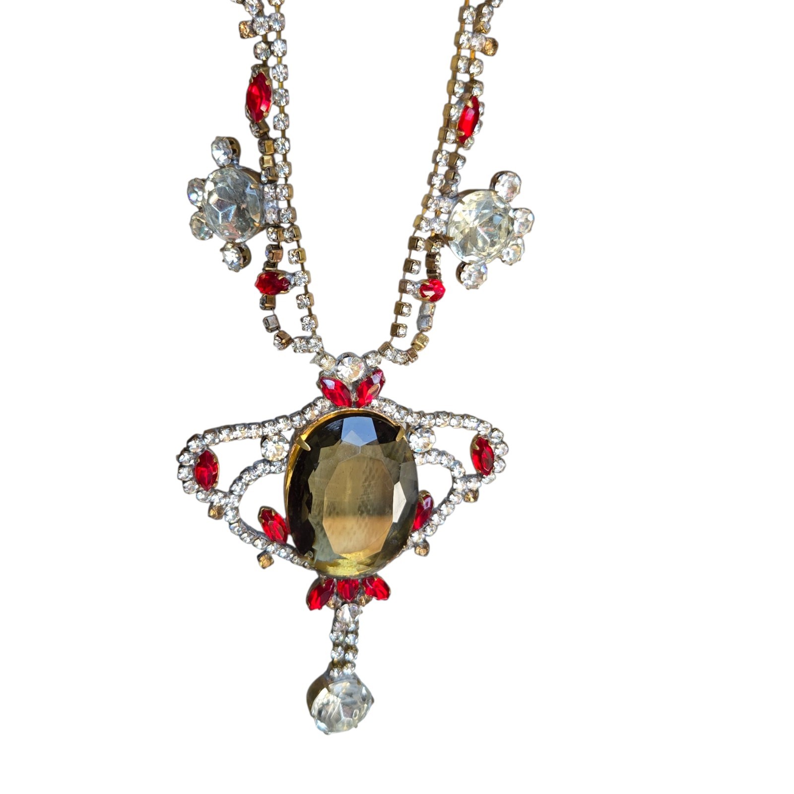Vtg Signed Husar D Czech Glass Festoon Necklace Green Center Red Accent Stones