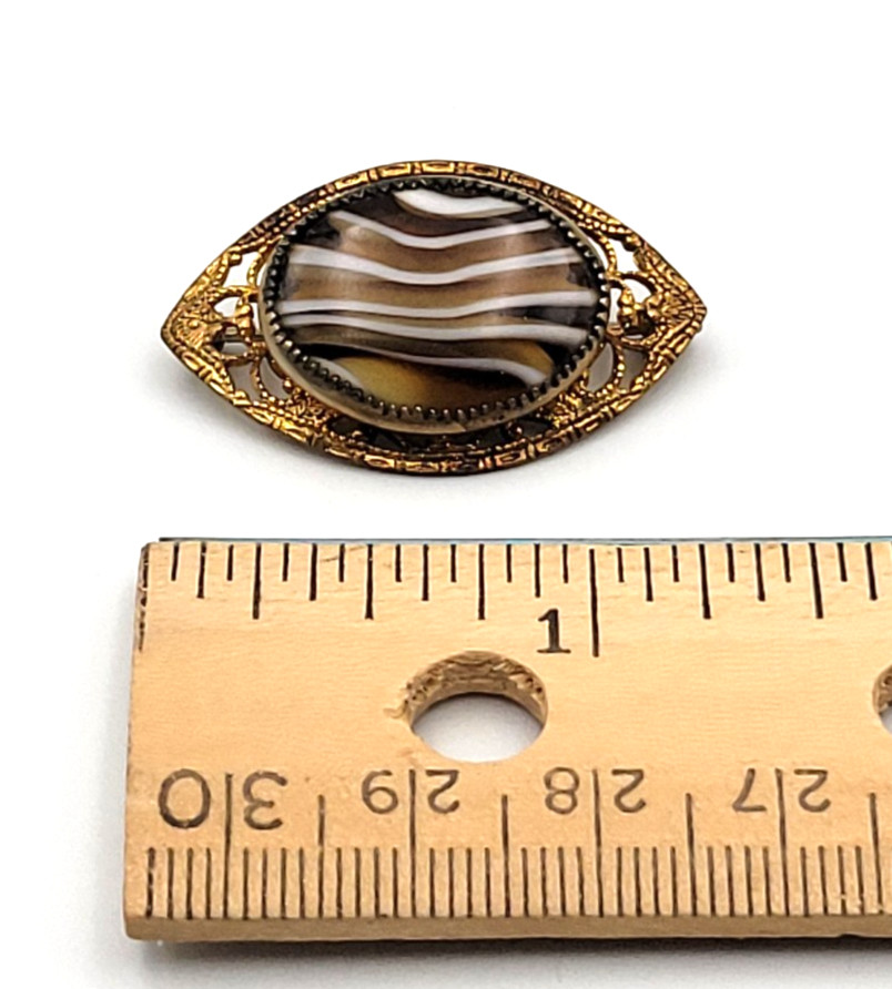 Antique Banded Agate Gold Tone Filigree Brooch C Clasp