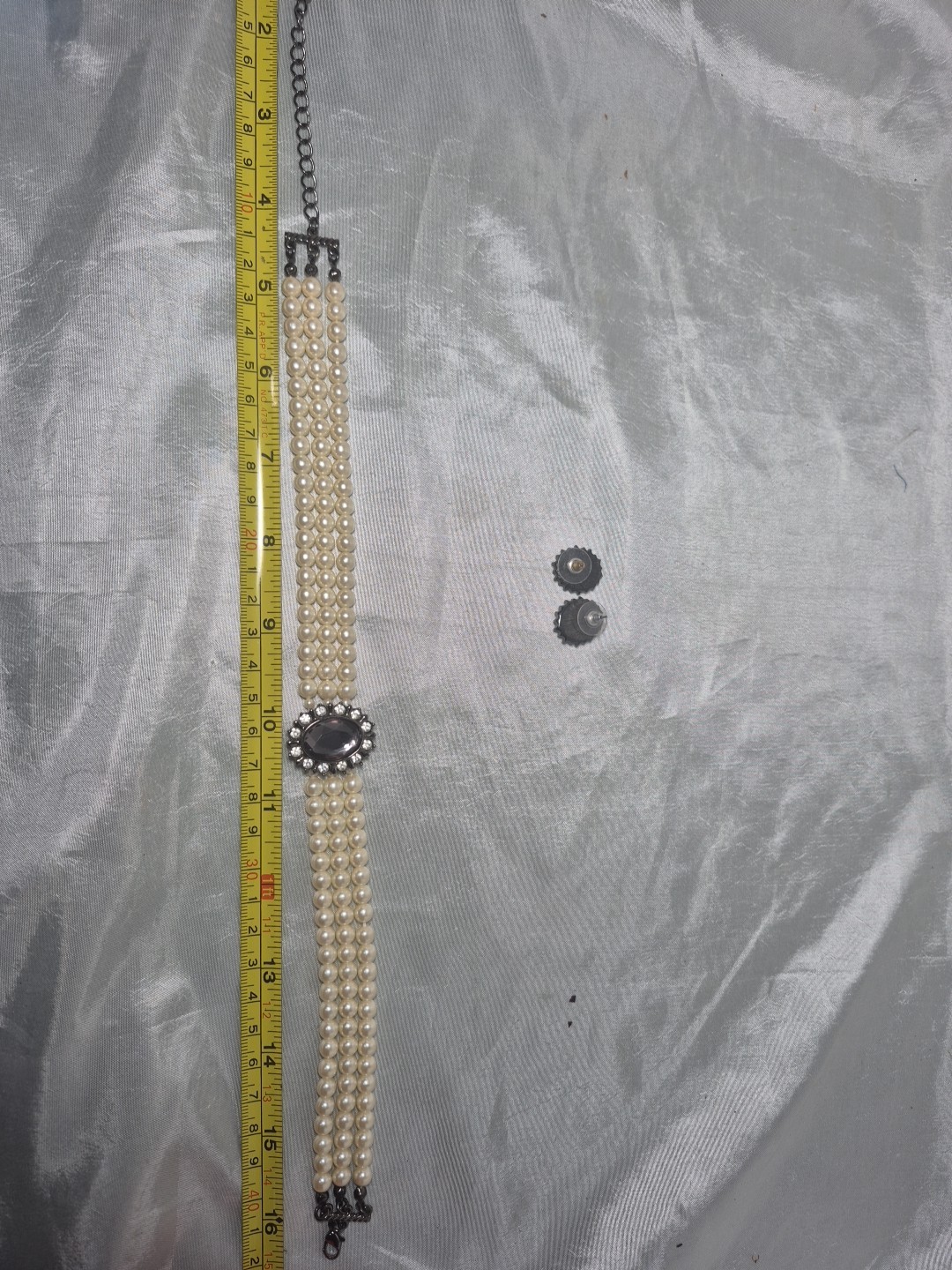 Vintage Faux Pearl 3 Strand Choker With Earrings Smokey Gray Rhinestones