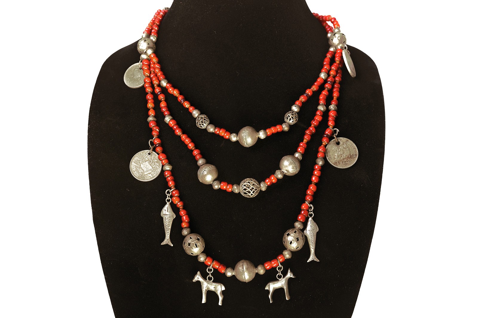 VTG Chachal Necklace w/ White Heart Beads, Guatemalan Coins, & Milagros Charms