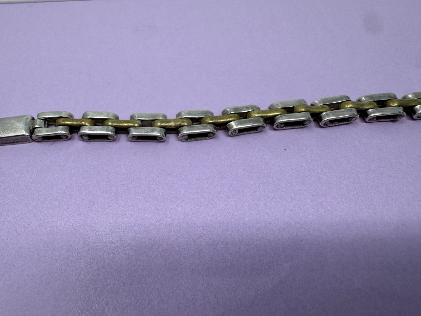 7” Vintage Sterling Silver Brass Taxco Mexico Chain Bracelet Link Tight Clasp 27