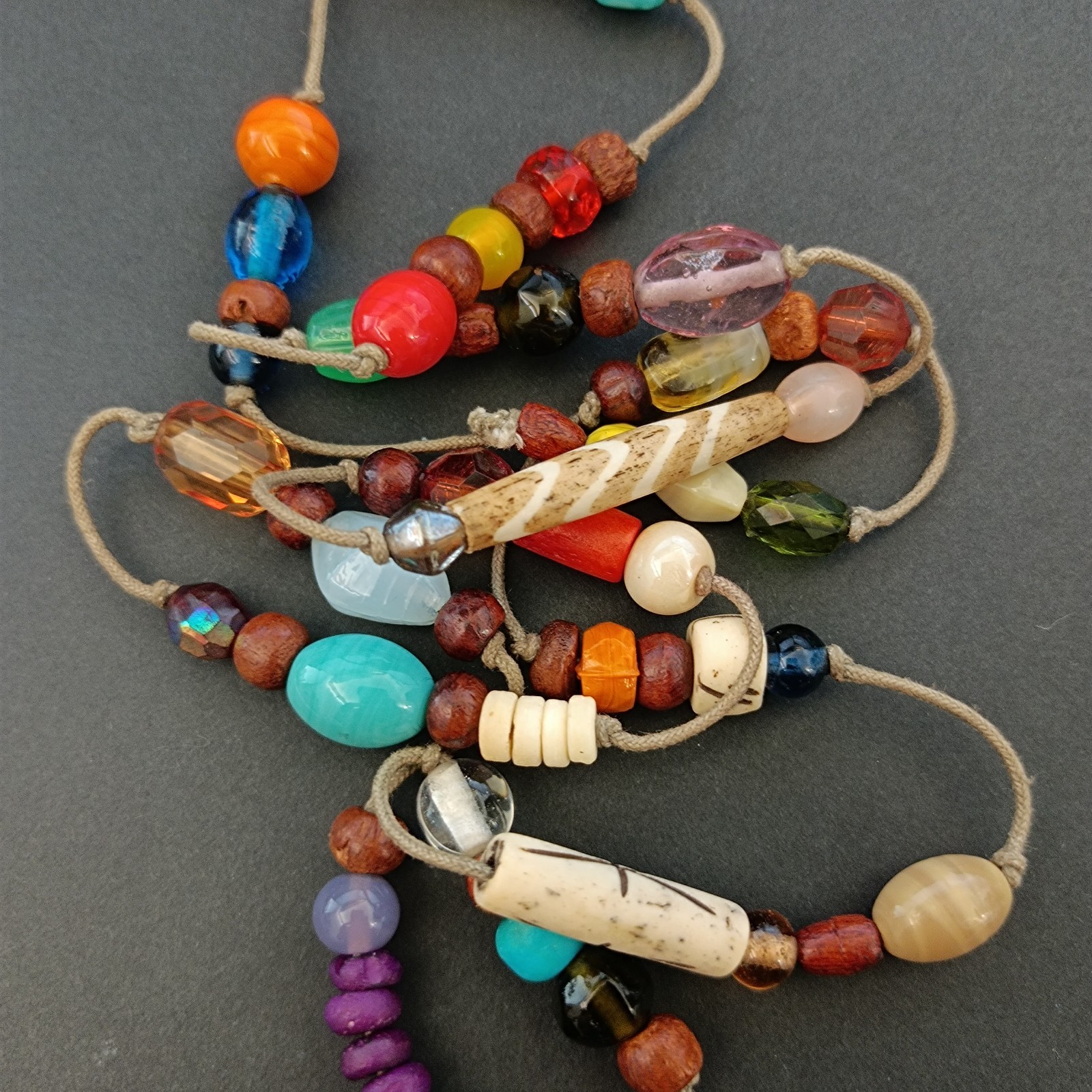 Vintage Long Boho Lariat Necklace Mixed Beads Glass Ceramic Wood Knotted Station