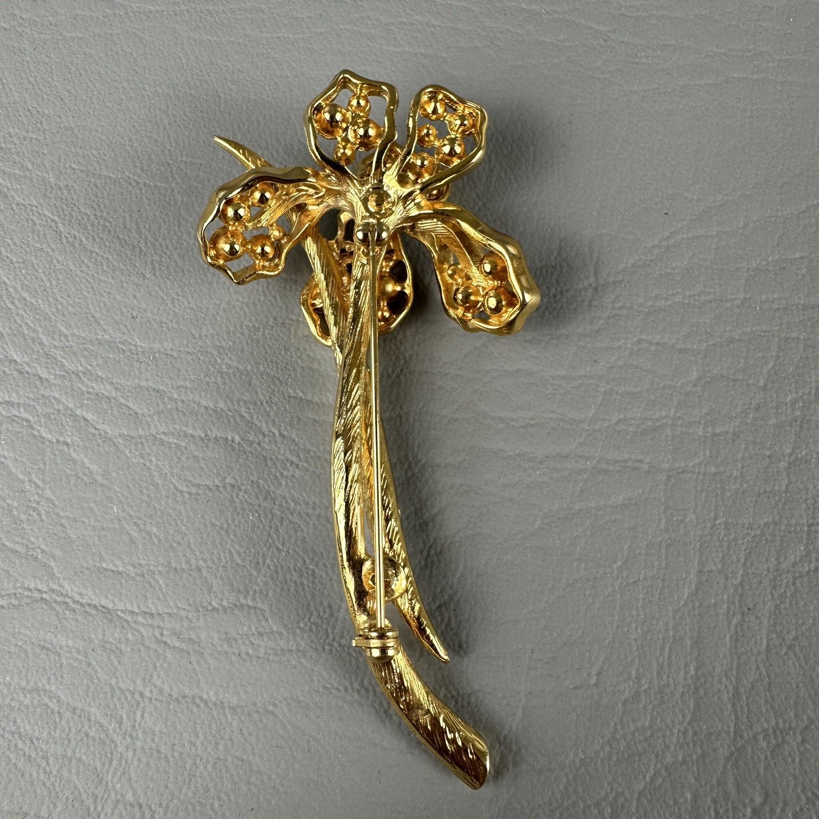 Vintage Flower Brooch Gold Tone Orchid Iris Purple Rhinestones 3.25″