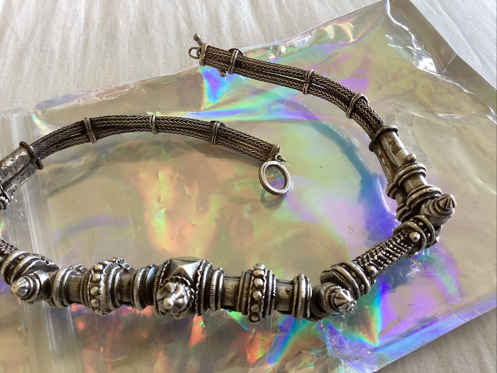 Vintage Heavy Silver Detailed Asian Indian Necklace Toggle Closure 186 Grams