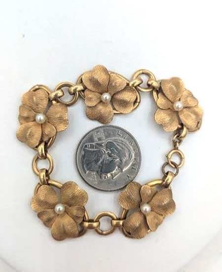 Vintage Flower Bracelet 12K Gold Filled Glass Pearl Floral Link