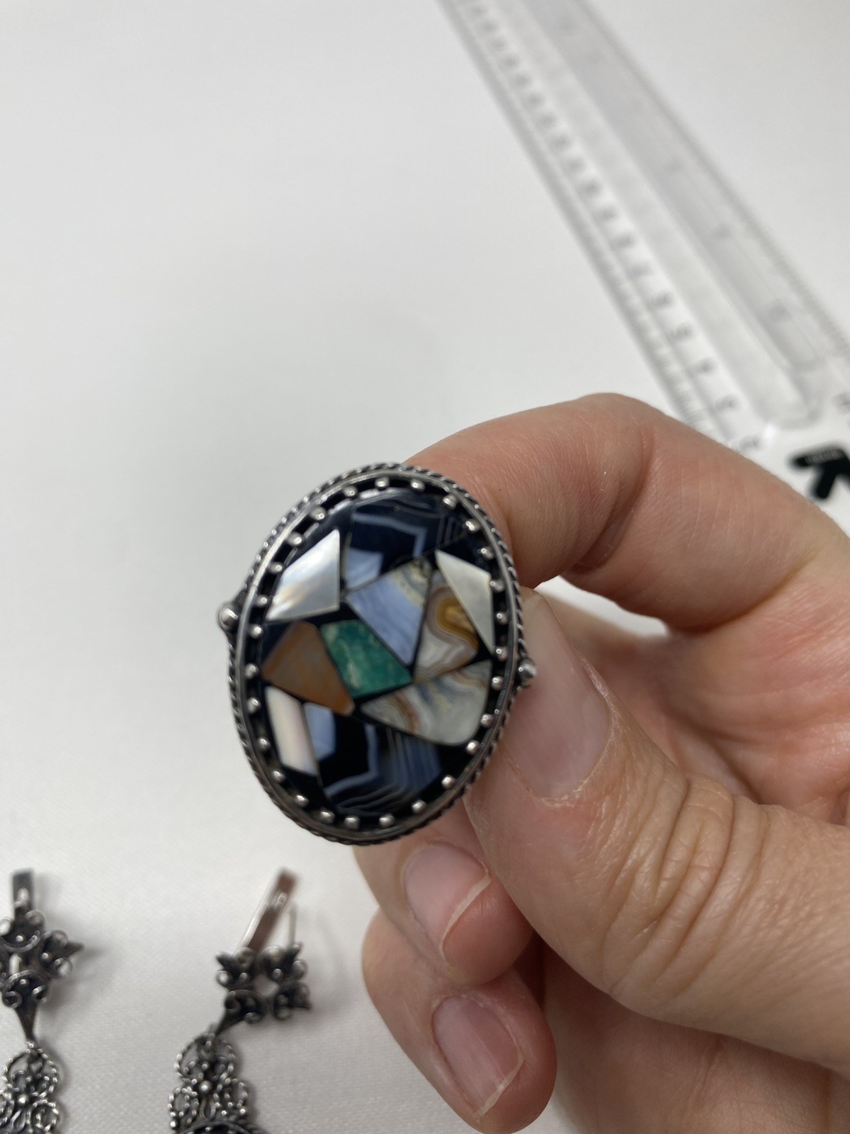 Vintage USSR 925 Sterling Silver Jewelry Set Ring & Earrings Mosaic Stone Video