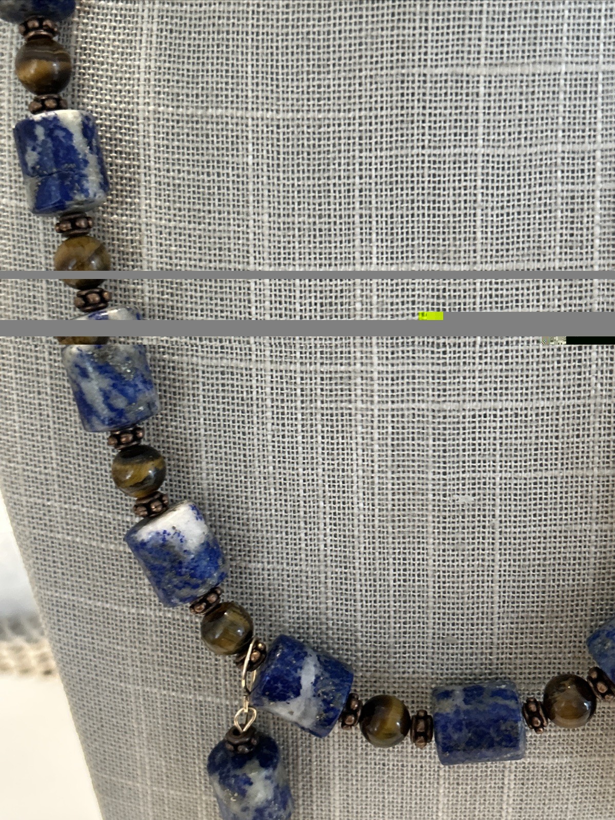 Lapis Lazuli & Tigers Eye Gems Necklace 20” Pierced Earrings 1 3/4” By 1/4”