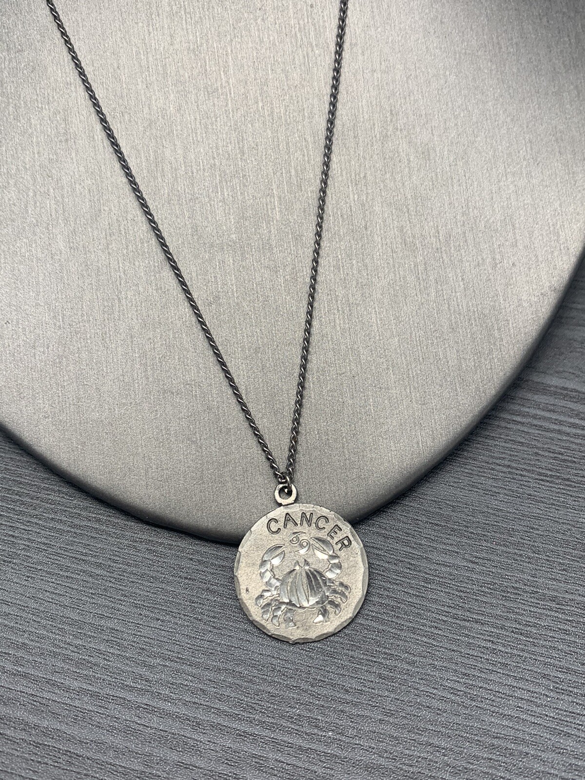 Vintage Pewter BDA Zodiac astrology Cancer Hand Engraved Pendant Necklace 18”