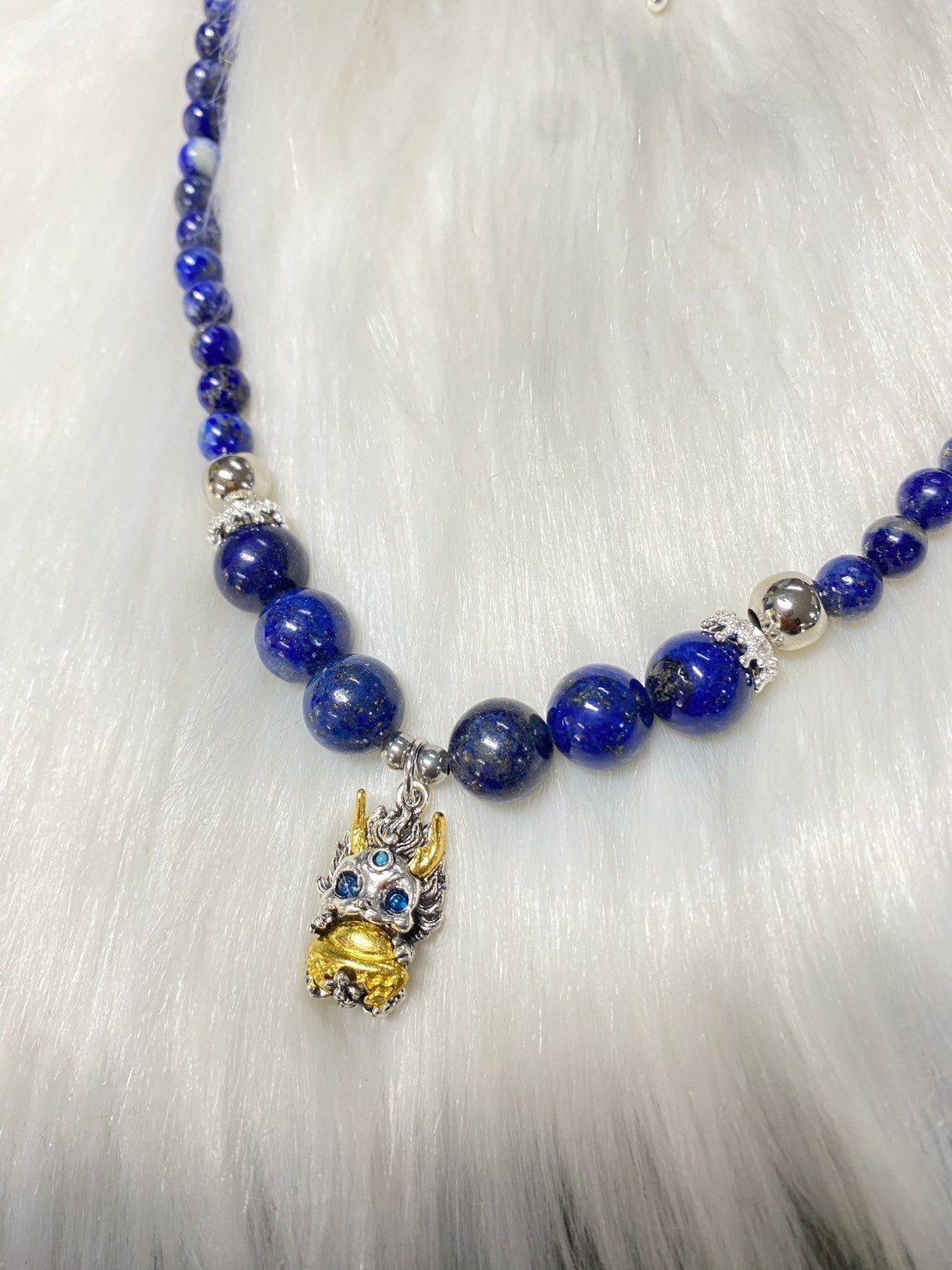 Natural Lapis Lazuli Beaded Necklace with Chinese Dragon Pendant Protection Amul