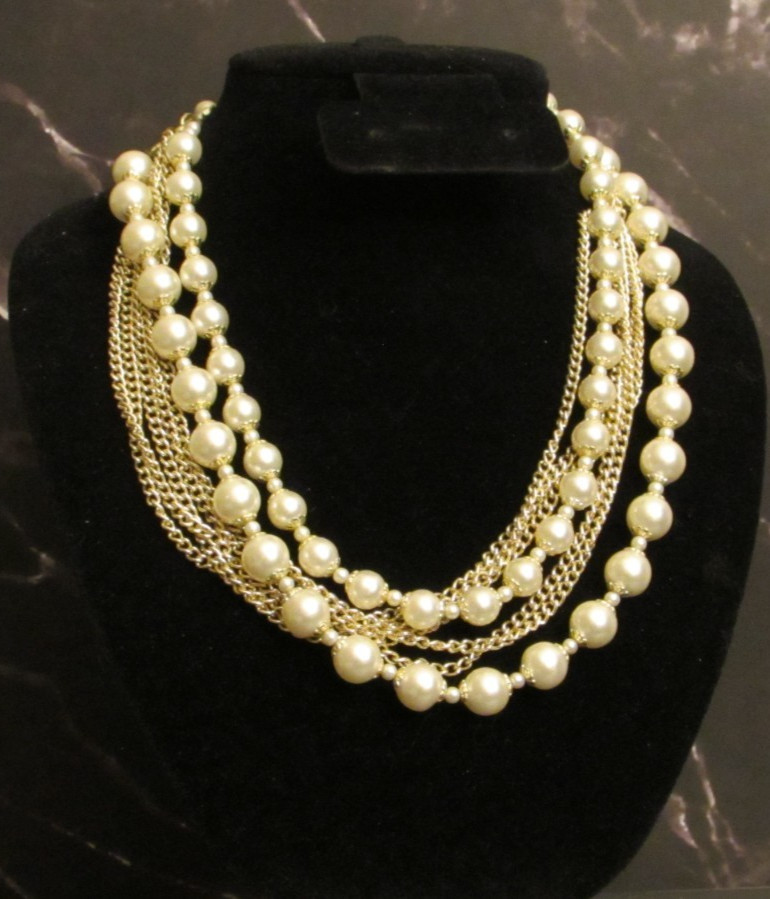 Multi Strand Choker with Faux Pearl Beads and Silver Tone Chains