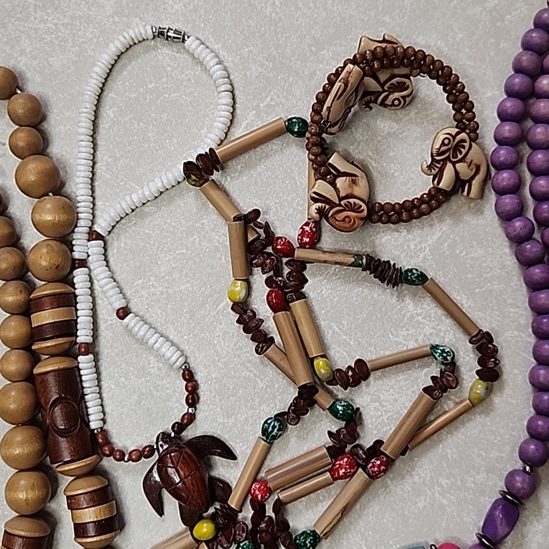 Vintage Wood Beaded Necklace Lot Shell Chunky Fish Raccoon Mask Ethnic