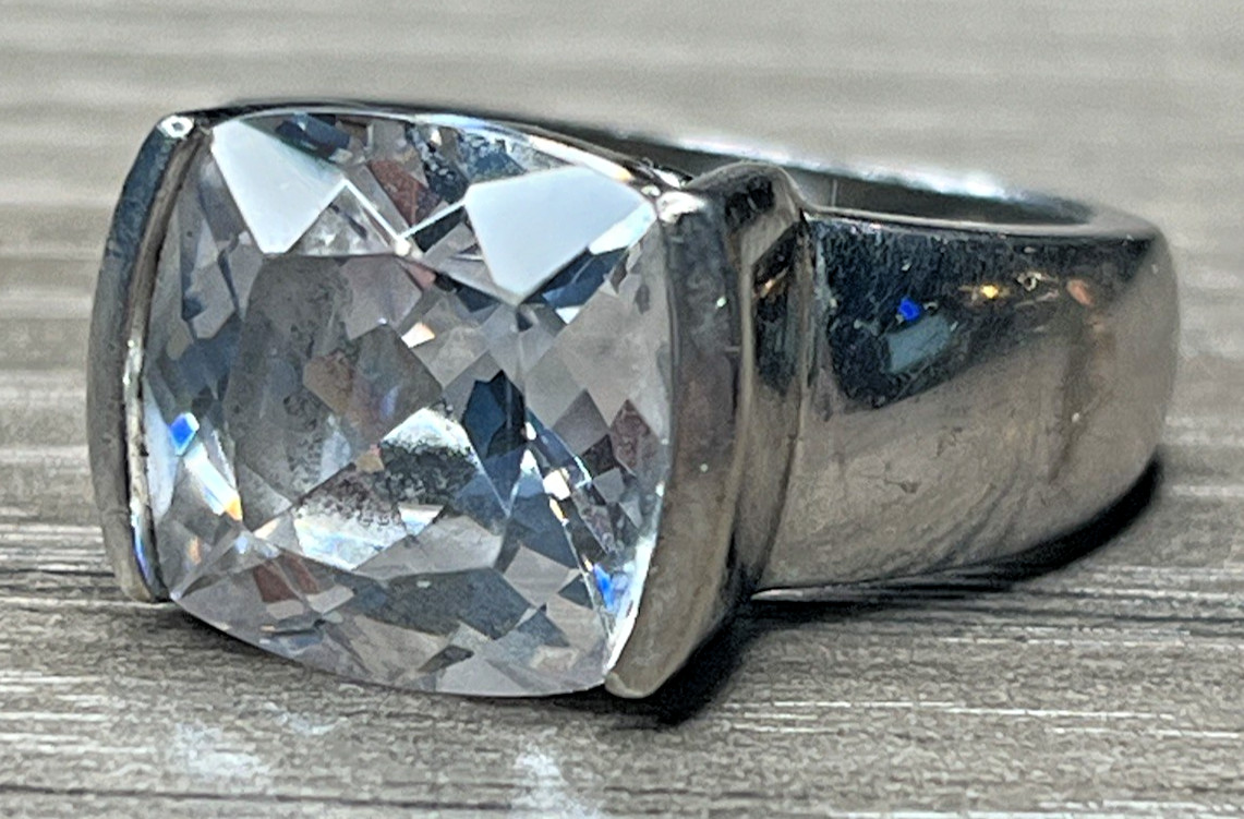 Big Large Clear CZ Cushion Cut Solitaire Vintage CI Sterling 925 Wide Ring SZ 8
