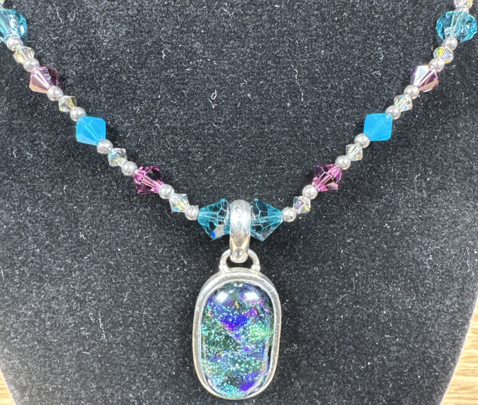 ✨Vintage Dichroic Glass 925 Sterling Silver Beaded Necklace 18” Toggle Closure