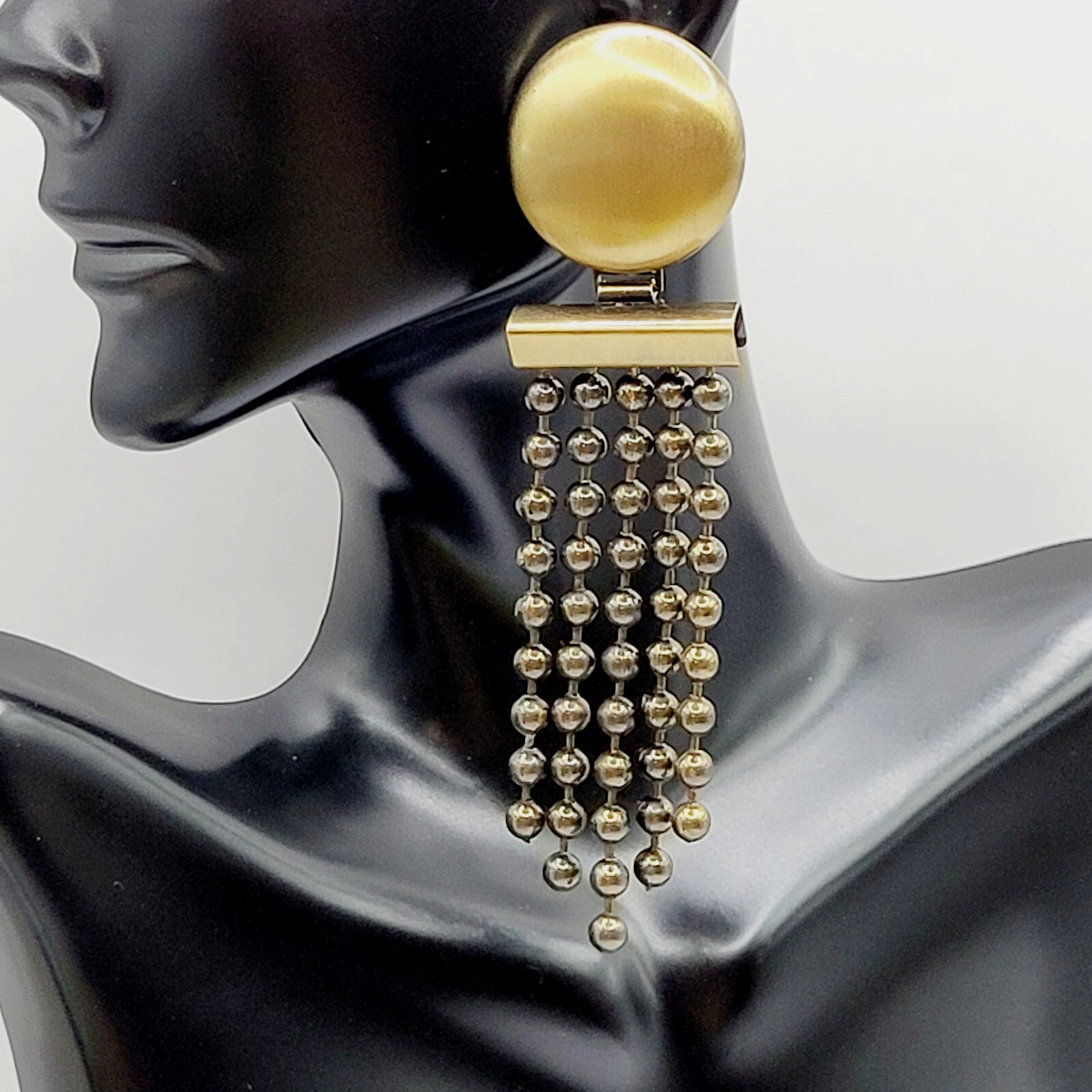 Ball & Chain Fringe Brutalist Runway Style Mixed Metal Tone Vtg Pierced Earrings