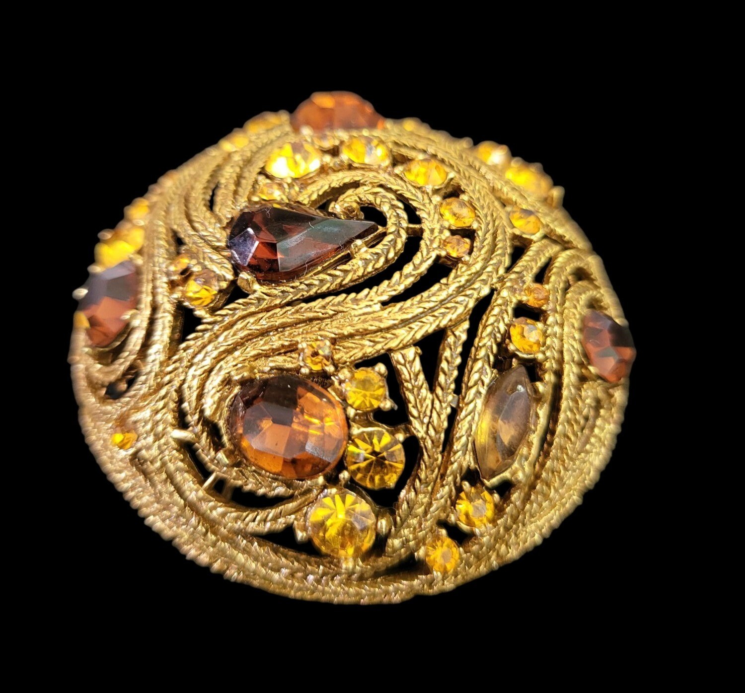 Rare Vintage La Roco Domed Brooch Braided Filigree Citrine Topaz Austrian Crysta
