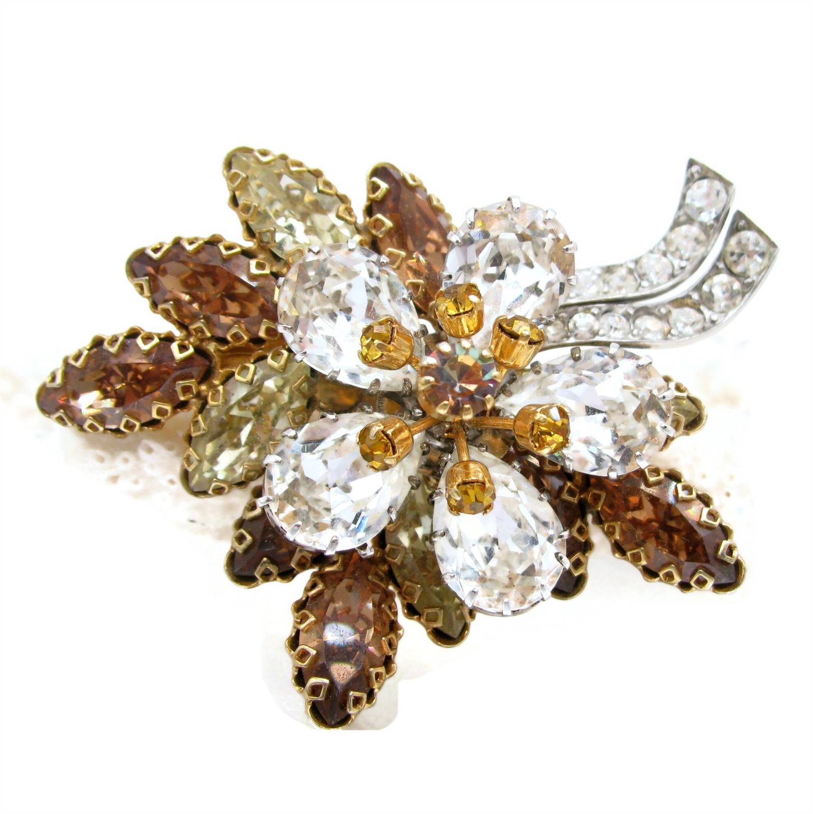 Amazing AUSTRIA Floral Rhinestone Pin Gold Silver Tone Austrian Brooch