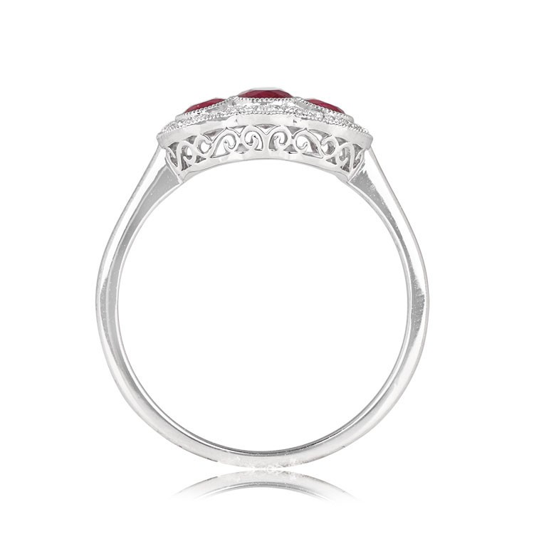 3/4 Ctw Red Oval Cut CZ Three Stone Art Deco Retro Engagement Ring In 925 Silver