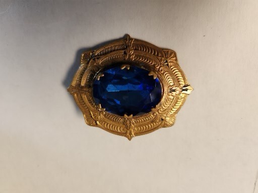 Vintage Brooch Pin Filigree Gold Filled Glass Blue Faceted Stone B20