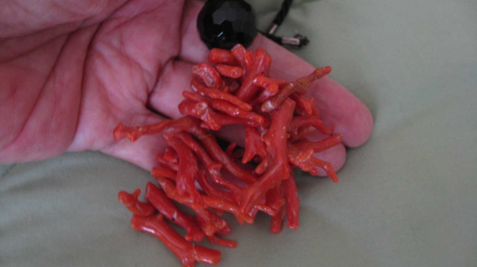 Vintage Branch of Coral Faceted Crystal or Onyx On Black Silk Cord Necklace NICE