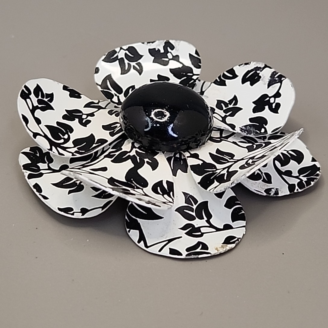 Vintage Enamel Flower Brooch White Black Vines Round 2.75″
