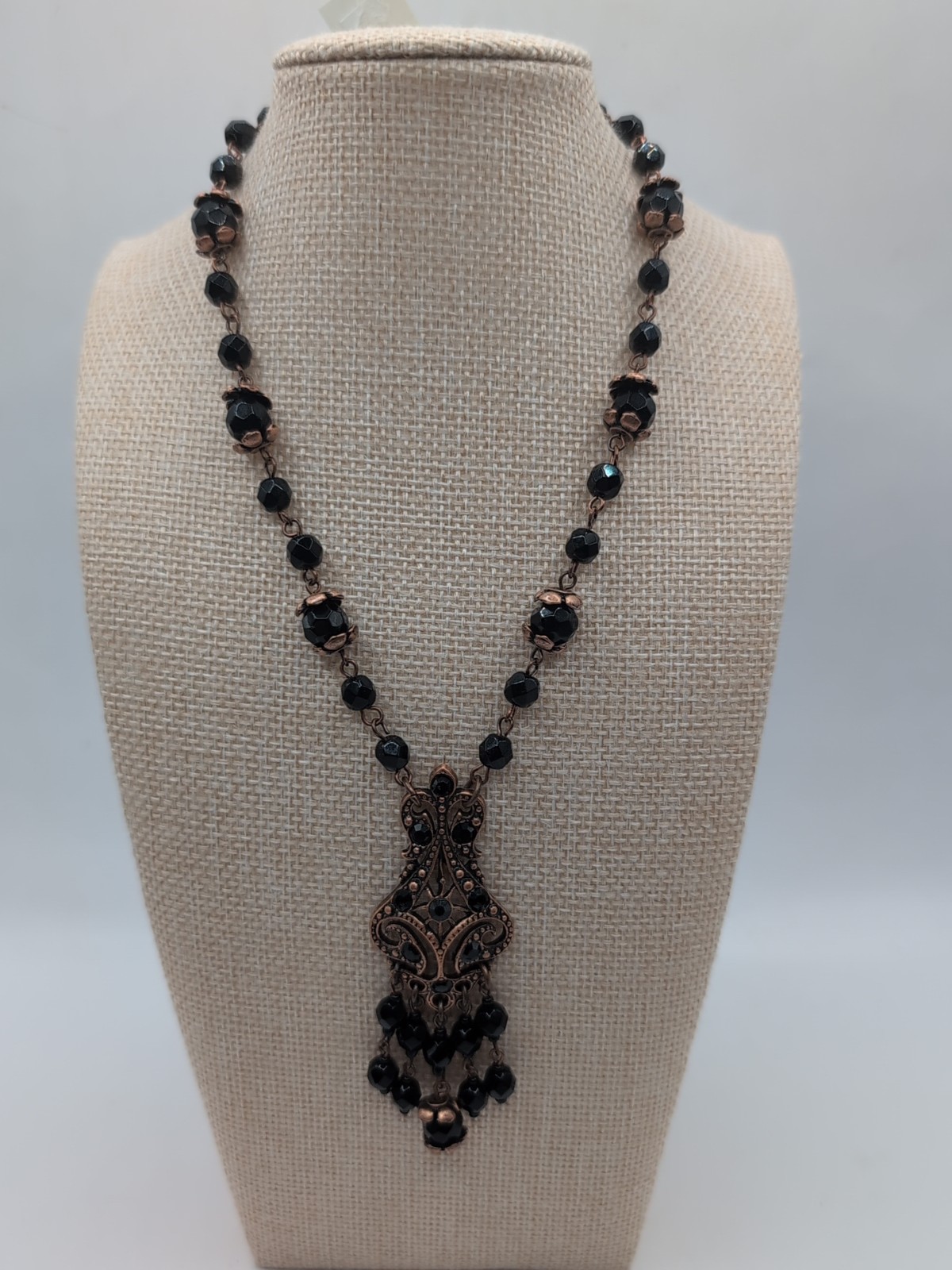 Victorian Revival Copper & Black Beaded Pendant Necklace 24″
