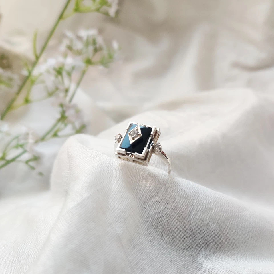 Antique Art Deco Vintage Black Onyx & Lab-Created Diamond Gift Ring 925 Silver